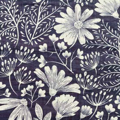Webware Baumwolle Viskose Stoff Blumen Blätter, weiss dunkelblau
