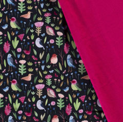 RESTSTCK 70 cm Softshell Stoff Jackenstoff Vgel Blumen,rosa dunkelblau