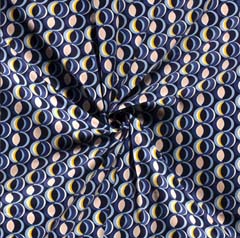 RESTSTCK 93 cm Baumwollstoff mit Stretch grafisches Muster Kreise, gelb hellblau dunkelblau
