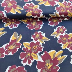 RESTSTCK 71 cm Viskose Twillstoff abstrakte Blumen, gelb weinrot wei dunkelblau