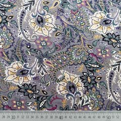 Viskosejersey Stoff Blumen Paisley,ockergelb lila dunkelgrn violett dunkelgrau