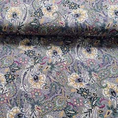 Viskosejersey Stoff Blumen Paisley,ockergelb lila dunkelgrn violett dunkelgrau