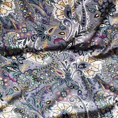 Viskosejersey Stoff Blumen Paisley,ockergelb lila dunkelgrn violett dunkelgrau
