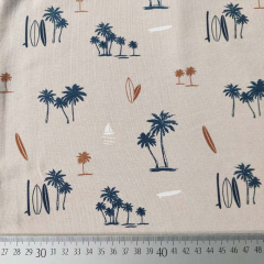 Jerseystoff Palmen Surfbretter Segelboote, dunkelblau beige