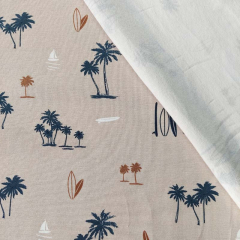 Jerseystoff Palmen Surfbretter Segelboote, dunkelblau beige