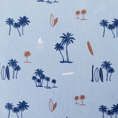 Jerseystoff Palmen Surfbretter Segelboote, dunkelblau braun hellblau