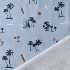 Jerseystoff Palmen Surfbretter Segelboote, dunkelblau braun hellblau