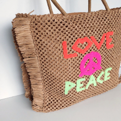 Strohtasche Sommertasche Strandtasche LOVE PEACE -neon orange pink hellgrn