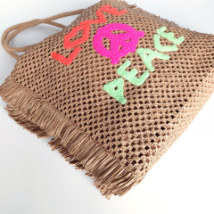 Strohtasche Sommertasche Strandtasche LOVE PEACE -neon orange pink hellgrn