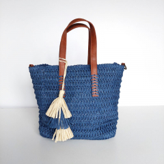 Strohtasche Basttasche Handtasche Reiverschluss Griffe Schulterriemen, jeansblau