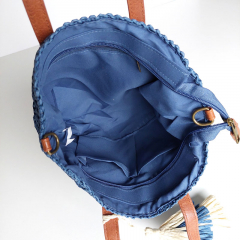 Strohtasche Basttasche Handtasche Reiverschluss Griffe Schulterriemen, jeansblau