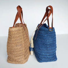 Strohtasche Basttasche Handtasche Reiverschluss Griffe Schulterriemen, jeansblau