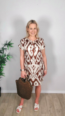 Viskose Satin Stoff Ikat Muster Ethno Druck - dunkelbraun hellbeige - Made in Italy