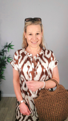 Viskose Satin Stoff Ikat Muster Ethno Druck - dunkelbraun hellbeige - Made in Italy
