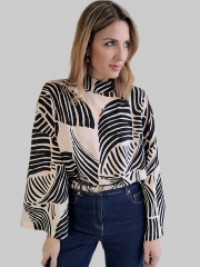 Viskose Stoff Blusenstoff grafisches Muster - cremewei� schwarz - Made in Italy