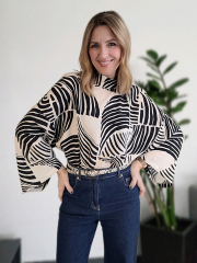 Viskose Stoff Blusenstoff grafisches Muster - cremewei� schwarz - Made in Italy