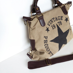 Canvas Tasche Vintage 1978 Stern dunkelbraune Lederimitat-Details, khaki (beige)