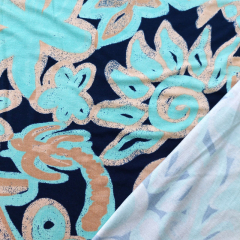 Viskosejersey Stoff Blumen Bltter, hellbeige hellblau dunkelblau
