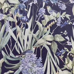 Canvas Stoff Blumen Blätter Vögel, dunkelblau