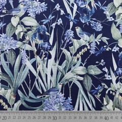Canvas Stoff Blumen Blätter Vögel, dunkelblau