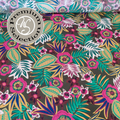 Viskose Stoff Blusenstoff tropische Blumen & Bltter Estate in Fiore, beere mint dunkelbraun - Made in Italy