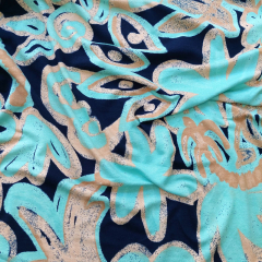 1,75m Viskosejersey Stoff Blumen Bltter, hellbeige hellblau dunkelblau