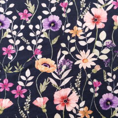 Jerseystoff Blumen, lila beere coralle dunkelblau