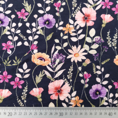 Jerseystoff Blumen, lila beere coralle dunkelblau