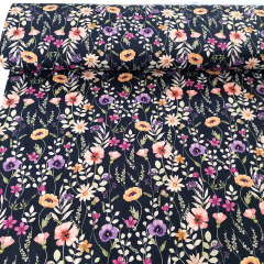 Jerseystoff Blumen, lila beere coralle dunkelblau