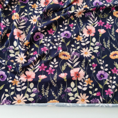 Jerseystoff Blumen, lila beere coralle dunkelblau