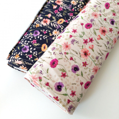 Jerseystoff Blumen, lila beere coralle dunkelblau