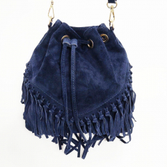 Wildledertasche Beuteltasche Fransen, dunkelblau goldene Schnallen