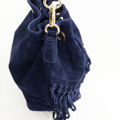 Wildledertasche Beuteltasche Fransen, dunkelblau goldene Schnallen
