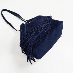 Wildledertasche Beuteltasche Fransen, dunkelblau goldene Schnallen