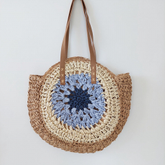 Strohtasche Ibiza Style Strandtasche rund - hellblau natur beige