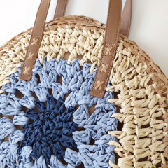 Strohtasche Ibiza Style Strandtasche rund - hellblau natur beige