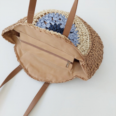 Strohtasche Ibiza Style Strandtasche rund - hellblau natur beige