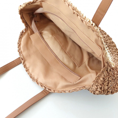 Strohtasche Ibiza Style Strandtasche rund - hellblau natur beige