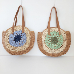 Strohtasche Ibiza Style Strandtasche rund - hellblau natur beige