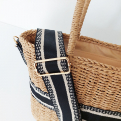 Strohtasche mit Streifenband & Taschengurt, beige