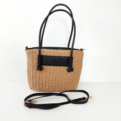 Strohtasche Shopper Henkel aus Lederimitat, schwarz beige