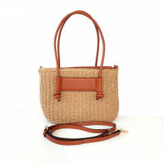 Strohtasche Shopper Henkel aus Lederimitat, cognac beige
