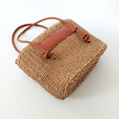 Strohtasche Shopper Henkel aus Lederimitat, cognac beige
