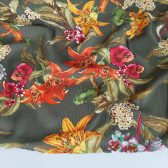 Viskosestoff Borkenkrepp Blusenstoff Blumen orange gelb dunkelpink khaki