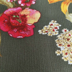 Viskosestoff Borkenkrepp Blusenstoff Blumen orange gelb dunkelpink khaki