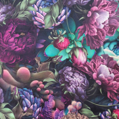 Samtstoff Velourstoff tropische Blumen Bltter, beere altrosa lila