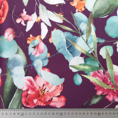 Samtstoff Velourstoff Blumen Bltter, blau beere bordeaux