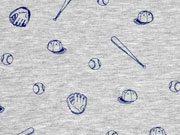 RESTSTÜCK 108 cm Jerseystoff Baseball Motive, dunkelblau grau meliert