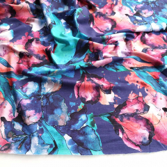 Viskose Jerseystoff Blumen Bltter Aquarell Stil, rot mint trkis lilablau