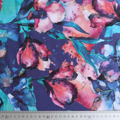 Viskose Jerseystoff Blumen Bltter Aquarell Stil, rot mint trkis lilablau